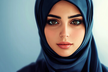 Naklejka premium Young muslim woman in hijab, featuring her captivating brown eyes and delicate features in a close-up portrait