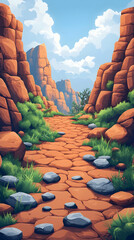 Rocky path through a canyon, sunlight on red rocks and green plants.