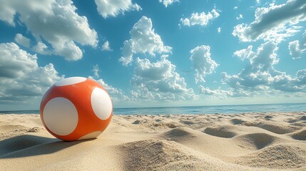 Obraz premium A colorful ball rests on sandy beach under a bright sky with clouds.