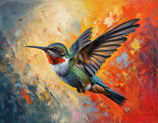  Hummingbird portrait. Painted portrait of a hummingbird (bird, nature, wildlife) with vivid colors (colorful, green) and realistic details (feathers, eyes, beak). Painting technique (watercolor, oil,