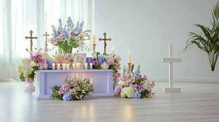 A serene indoor setting showcasing a beautifully arranged altar adorned with fresh flowers, candles, and religious artifacts. The soft ambient lighting creates a warm atmosphere, inviting viewers to