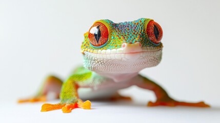 Close-up of a vibrant, colorful gecko with large, captivating orange eyes against a clean, white background, showcasing its intricate skin textures and vivid colors.