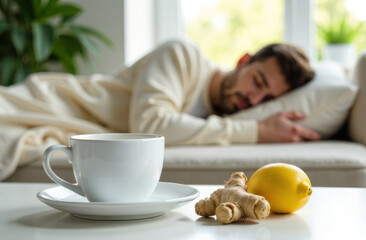 A white cup with ginger and lemon in the foreground, and in the blurred background, a man is sleeping and recovering from a cold on a sofa, covered with a blanket