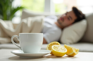 A white cup with lemon in the foreground, and in the blurred background, a man is sleeping and recovering from a cold on a sofa, covered with a blanket