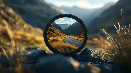 Framing the Journey: A landscape is artfully captured through a lens, highlighting the world's beauty and the act of seeing. Reflecting natural elements like mountains, roads.
