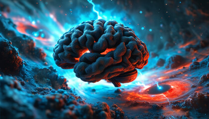 Space Brain! A gigantic brain in the heart of the cosmos, with electrifying discharges emanating from it. A surreal vision of the connection between the mind and the universe. A cosmic explosion of en