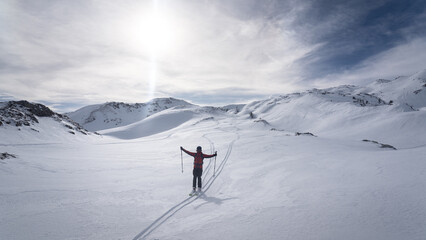 skiing in the mountains. Ski touring in the French Alps