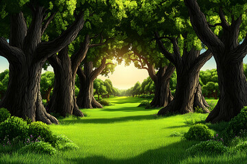 Sunlit path through lush green forest with large trees.