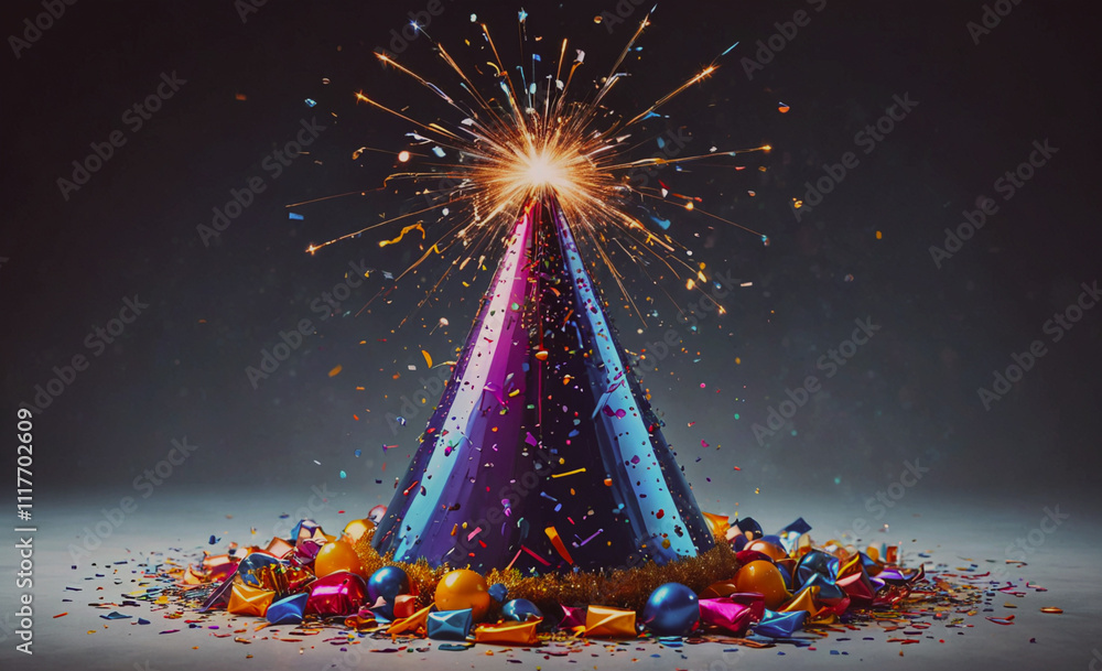 Poster A colorful party hat with confetti and sparkles on the bottom. The hat is surrounded by a pile of confetti and sparkles, creating a festive and celebratory atmosphere