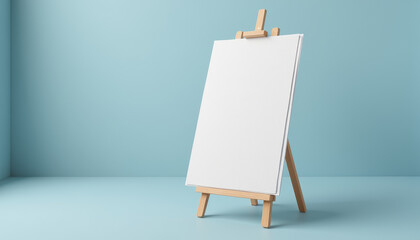 Blank A4 paper mockup on a wooden easel in a bright blue artistic environment
