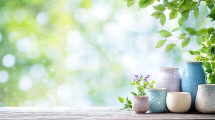 A vibrant scene showcasing various handcrafted pottery items arranged artfully on a rustic wooden table, surrounded by greenery. The intricate designs and textures of the pottery are highlighted,