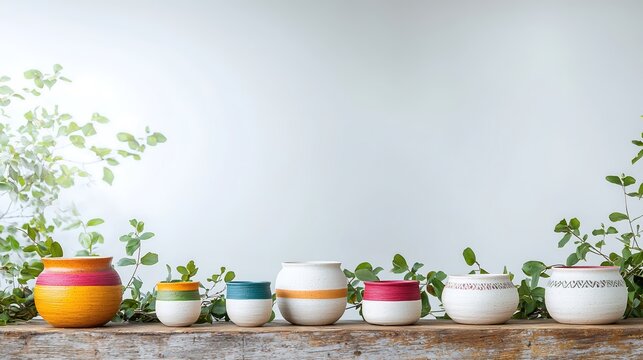 A vibrant scene showcasing various handcrafted pottery items arranged artfully on a rustic wooden table, surrounded by greenery. The intricate designs and textures of the pottery are highlighted,