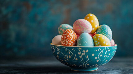 Colorful painted eggs arranged in a decorative bowl for festive celebration