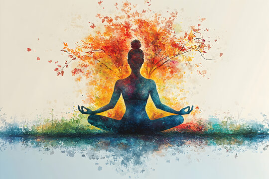 Woman meditating in lotus pose, autumn tree.