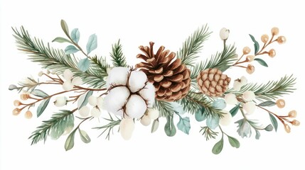 delicate watercolor frame featuring fir branches, pine cones, soft cotton bolls, and leaves, isolated on a white background, perfect for a festive and elegant Christmas design.