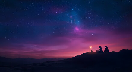 Celestial Meditative: A tranquil scene unfolds beneath a stunning night sky shimmering with stars, silhouettes of figures perched atop a gentle hill in quiet contemplation.
