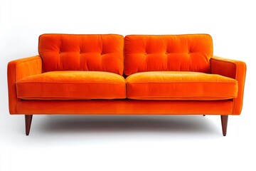 A bright orange sofa with wooden legs, set against a white background.