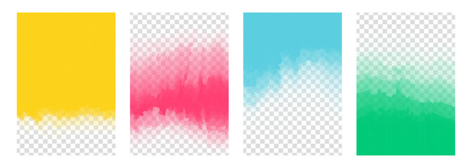 Set of defocused bright colored abstract graphic templates. Blurred textures for creative graphic design. Smoke effect. Transparent background. Vector illustration.