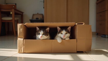 Two playful cats exploring a cardboard box in a bright room