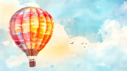 Naklejka premium Watercolor Painting of a Hot Air Balloon in a Pastel Sky