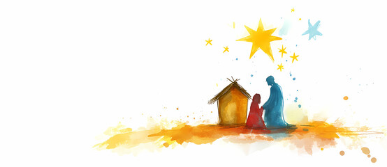 Nativity Scene: A heartwarming depiction of the Nativity scene, featuring figures in silhouette and a rustic stable under the gentle guidance of celestial stars