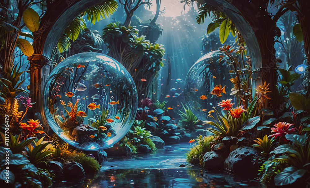 Poster a beautiful underwater scene with a large glass bubble in the middle. the bubble is filled with fish