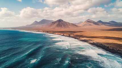 Scenic coastline features mountains and waves at a remote location in the afternoon