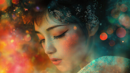 Serene contemplation of a woman with glittering makeup, ethereal beauty