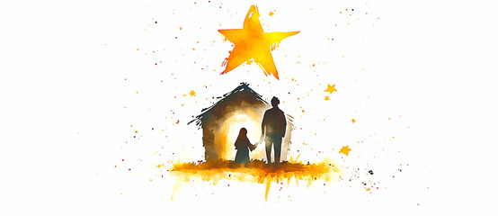 Christmas star, a watercolor silhouette of the nativity scene with a big star on top representing the holy night and hope 