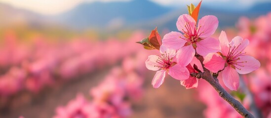 Obraz premium Close-up of pink cherry blossoms on a branch, with a field of blossoms in the background.
