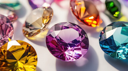Vibrant array of sparkling gemstones with various colors and cuts creating a dazzling visual display on a reflective surface.