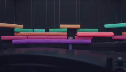 Colorful editing timeline representation, abstract bars in various colors, dark backdrop