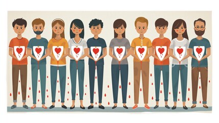 ​National Blood Donor Month. A diverse group of people holding symbolic blood drops, promoting blood donation and community support in a clean, modern illustration.