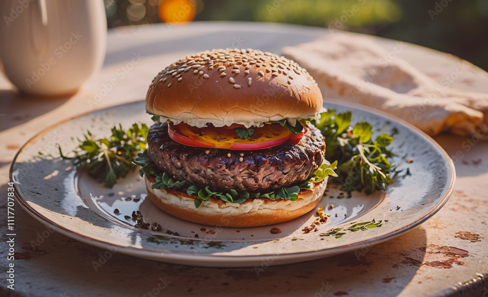 Aufkleber a hamburger with lettuce and tomato on a white plate. the burger is sitting on a table