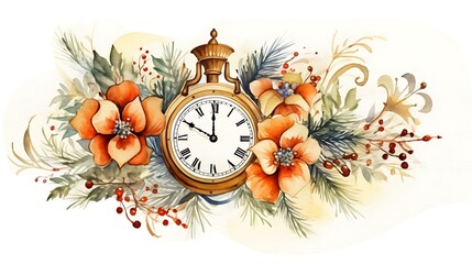 Clock showing midnight, welcoming new year with flowers