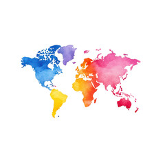Colorful watercolor world map with vibrant hues and artistic flair. Perfect for educational materials, travel themes, or global awareness. isolated on transparent background