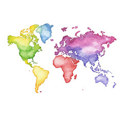 Colorful watercolor world map with vibrant continents isolated on transparent background