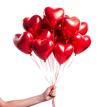 Mano sosteniendo globos de coraz&oacute;n, aislados sobre fondo transparente
