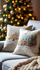 Decorative holiday cushions with winter scene on a cozy sofa in a festive living room