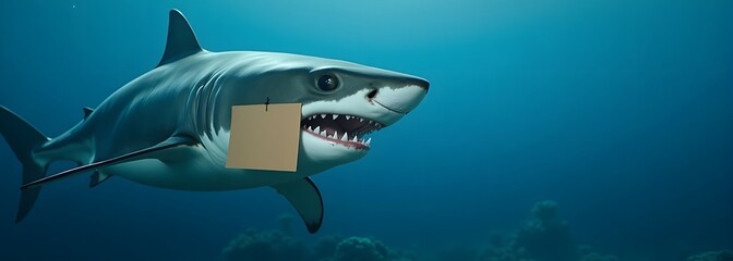 Fototapeta premium Great white shark swimming underwater with blank sign attached to fin