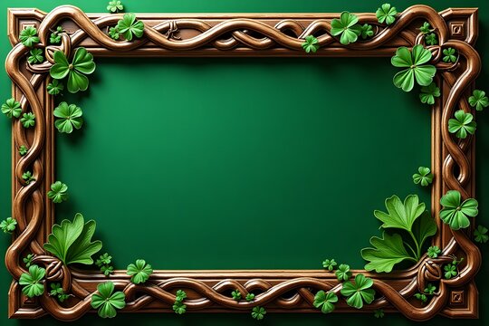 Ornate wooden frame with shamrocks and celtic knots on green background