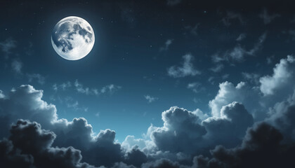 Luminous moonlit sky with full moon and dramatic clouds at night