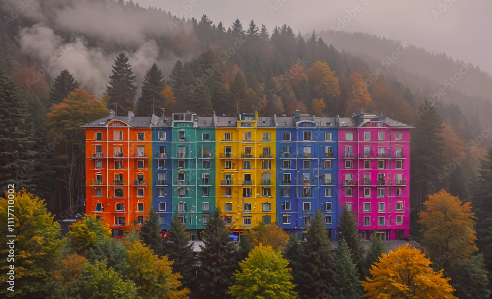 Aufkleber A colorful building with a rainbow of colors. The building is surrounded by trees and the sky is cloudy