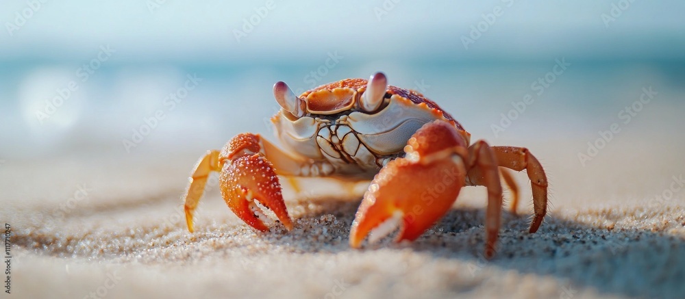 Poster a close-up view of a red crab walking on a sandy beach with the ocean in the background.
