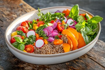 Colorful buckwheat salad bowl with fresh vegetables and herbs on rustic table promoting healthy eating habits