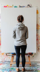 Female artist looking at blank canvas in her art studio