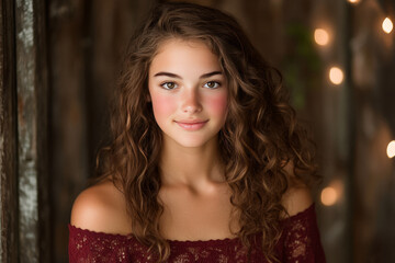 Fototapeta premium A young beautiful woman with long, curly brown hair wearing an off-shoulder maroon lace top