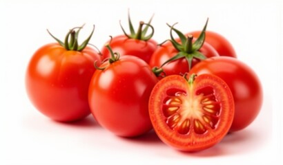 Fresh ripe tomatoes with one sliced showcasing juicy interior on white background