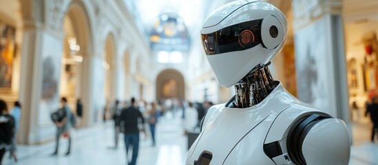 Fototapeta premium A white humanoid robot stands in an art gallery with a blurred background of people.