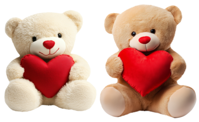 Wo cute fluffy teddy bear toys, white and brown, holding a plushie heart. Romantic gift for valentine’s day, isolated PNG set
